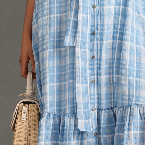 By Anthropologie Sleeveless Button Down Shirt Dress Blue Plaid Maxi Tiered XS - Picture 4 of 14